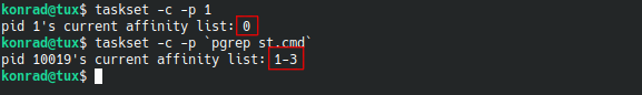 Example output of "taskset -c -p 1; taskset -c -p `pgrep st.cmd`"